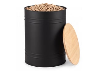 Casabel réservoir pellets & granulés rond, cap. 30kg, métal noir, couvercle bambou, compact & élégant, pour poêle