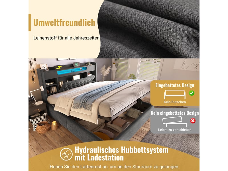 Lit coffre 140x190 cm, lit double, rangement hydraulique, étagères, led, lin gris, usb et usb-c  - Conforama W