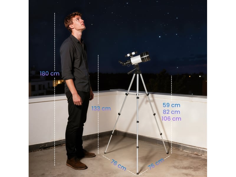 Télescope astronomique 70 mm blanc, trépied réglable en aluminium, trois oculaires et lentille barlow  - Conforama C