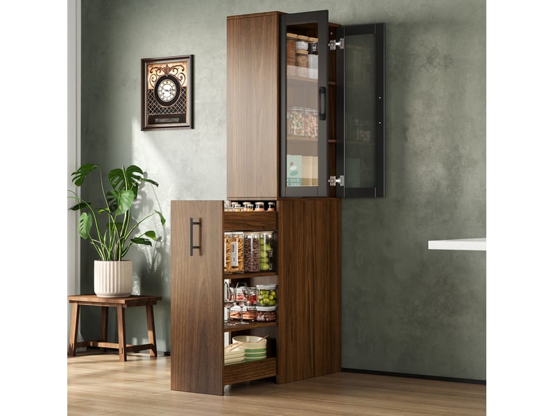  Meuble de rangement cuisine 60x30x180 cm avec portes vitrées, noir et naturel  - Conforama D