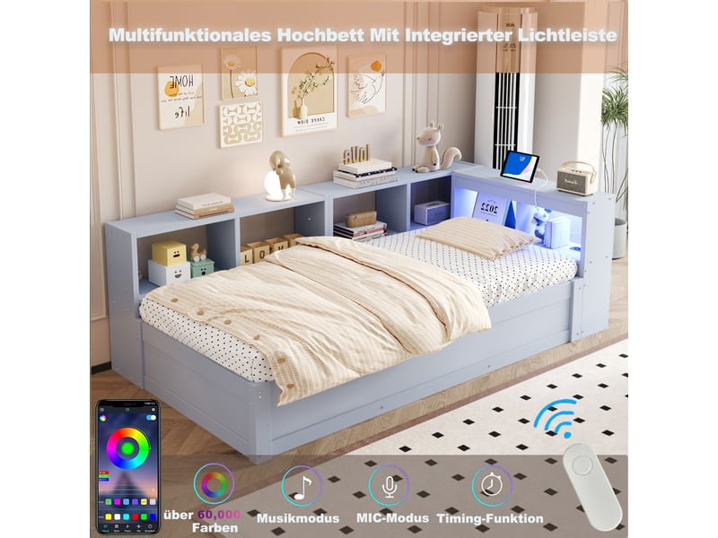  Canapé-lit 90x200 cm, lit enfant, couchage d'appoint, rangement hydraulique, led, bois gris, prise intégrée  - Conforama R