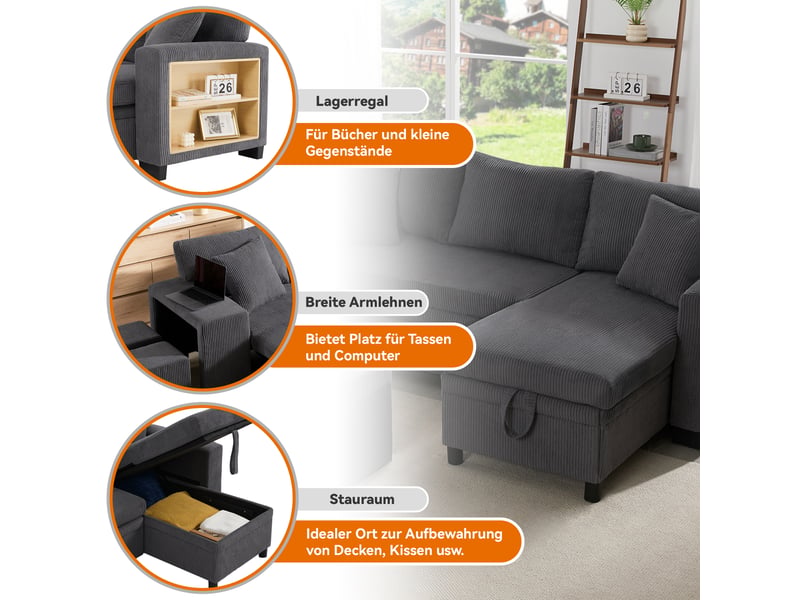 Canapé d'angle convertible 3 places en velours côtelé gris avec coffre et coussins inclus - Conforama D