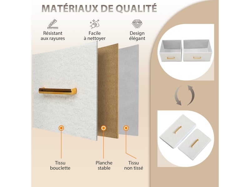  Commode 8 tiroirs en tissu bouclette, structure en acier 110x30x76cm crème, meuble de rangement avec 2 prises de courant  - Conforama W