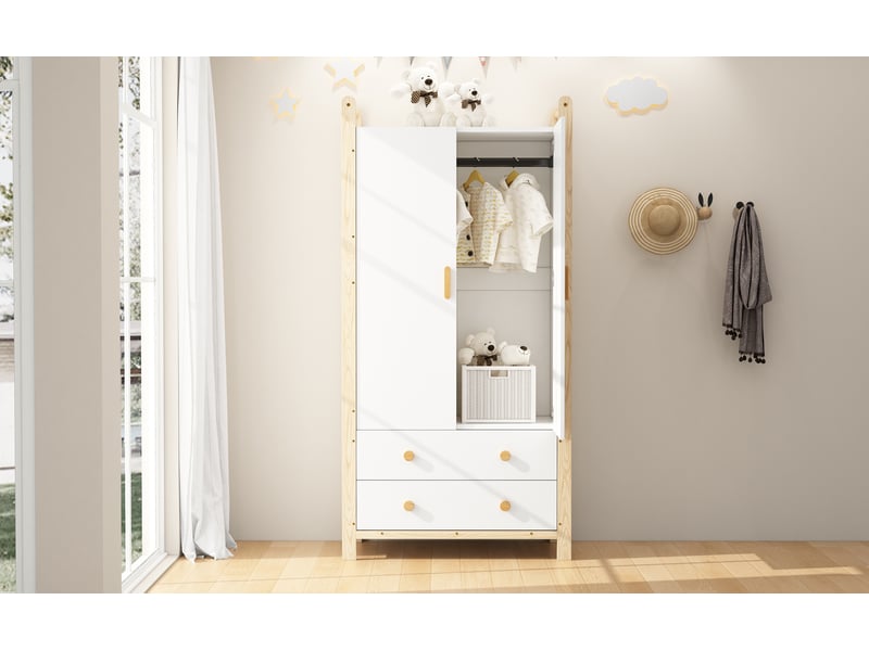 Armoire 2 portes tringle vêtements 2 tiroirs chambre salon vestiaire aggloméré blanc pin  - Conforama E