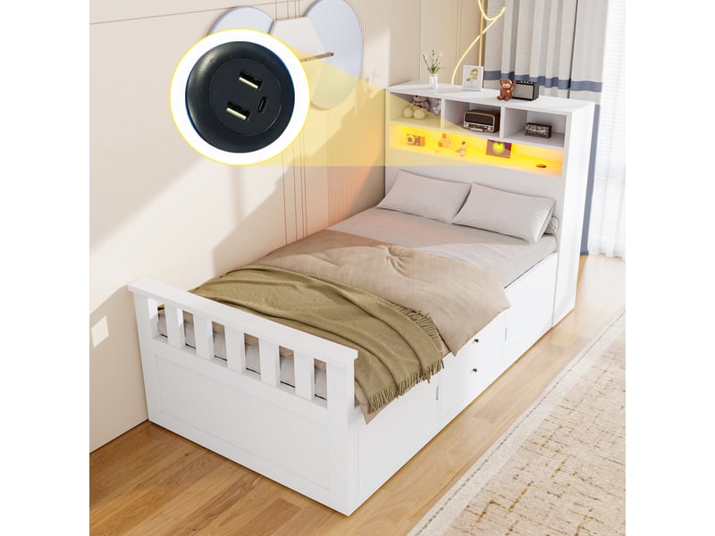  Lit en bois 90 × 200 cm – avec espaces de rangement – ​​inclut 2 tiroirs – équipé d’un ruban led et d’un port de chargement usb – blanc (matelas non inclus)  - Conforama R