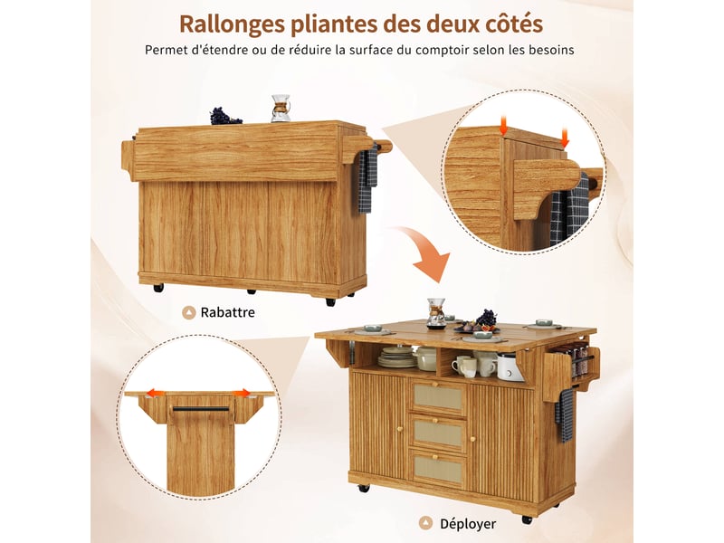 Desserte de cuisine pliable,142.5x80x95 cm,avec rangement,mdf,marron foncé - Conforama E