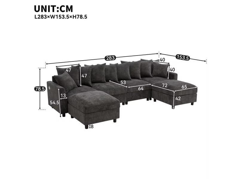  Canapé d’angle modulable ul 6 places gris, chenille gaufrée, 2 poufs, usbtype-c, 8 coussins réglables + 2 déco  - Conforama B