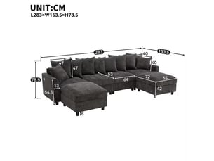 Canapé d’angle modulable ul 6 places gris, chenille gaufrée, 2 poufs, usbtype-c, 8 coussins réglables + 2 déco