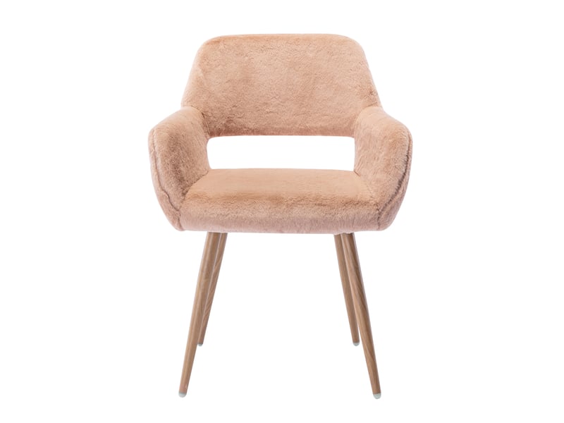  Chaise de salle à manger en fausse fourrure camel, style mid-century, avec accoudoirs et pieds en métal aspect bois  - Conforama A