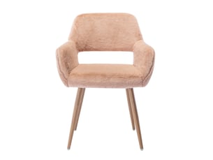 Chaise de salle à manger en fausse fourrure camel, style mid-century, avec accoudoirs et pieds en métal aspect bois