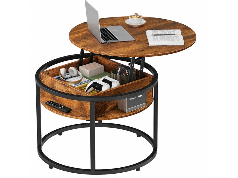  Table basse ronde à plateau relevable avec rangement, marron rustique, diamètre 60, hauteur 48 à 61  - Conforama A