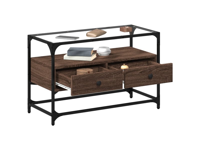  Meuble tv - banc tv - meuble de rangement avec dessus en verre chêne marron bois d'ingénierie  - Conforama C