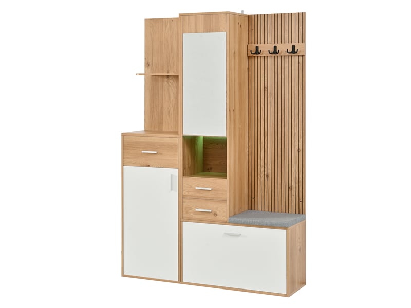  Vestiaire d'entrée avec banc, miroir et led 120 x 32 x 178 cm, blanc et naturel  - Conforama B