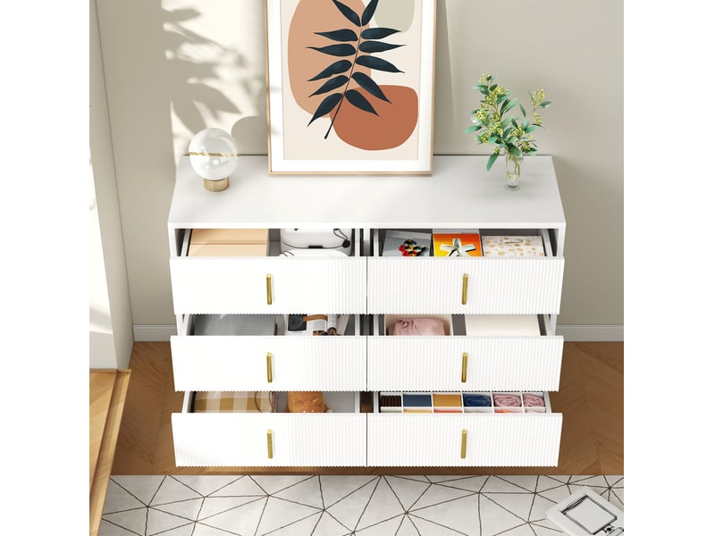  Chiffonnier 6 tiroirs 120x40x77 cm, finition blanc+doré en panneaux de particules, commode au design design  - Conforama E