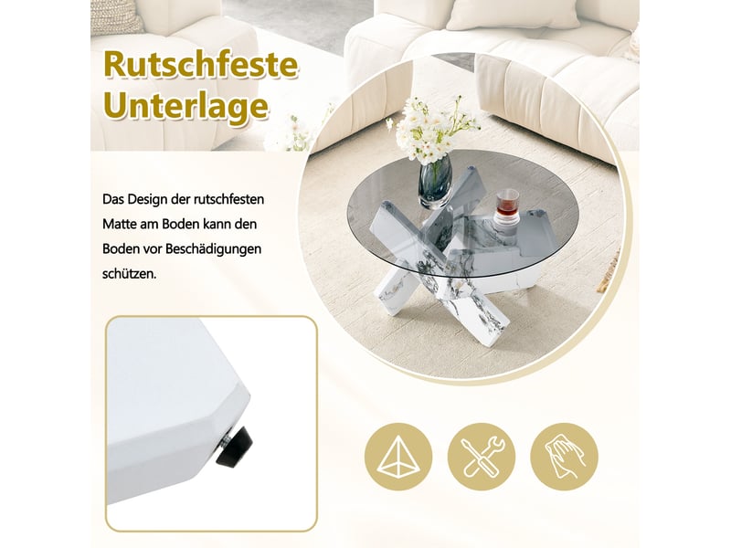  Table basse ronde avec plateau en verre trempé et piètement sculptural, style moderne, en mdf et verre, blanc  - Conforama E