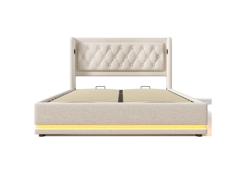 Lit coffre adulte 160x200 cm – beige – usb, type-c, led 3 côtés et matelas 7 zones à ressorts inclus - Conforama D