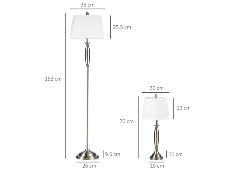 Lot de 3 lampes modernes e27, argent et blanc, 1 lampadaire et 2 lampes de table, pour salon et chambre - Conforama D