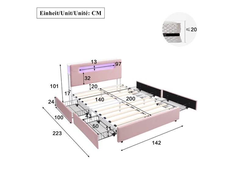  Lit rembourré 140 × 200 cm 2 places avec 4 tiroirs, rangement ouvert, led réglable par application, sans matelas, rose  - Conforama D