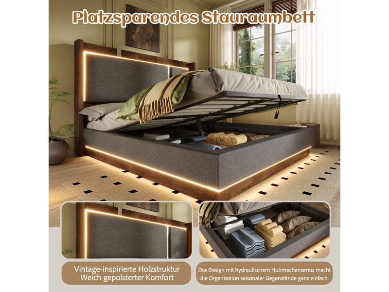 Lit coffre hydraulique 140x200 cm, lit double avec led et rangement, tête de lit rembourrée en lin, sommier à lattes - gris (sans matelas) - Conforama D