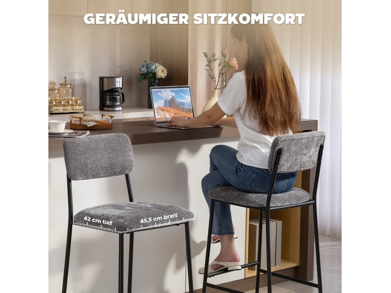  Tabourets de bar lot de 2 avec dossier, repose-pieds et patins réglables en tissu chenille et acier gris  - Conforama D