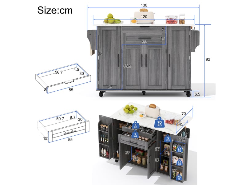 Îlot de cuisine mobile gris 136x70x92 cm avec plateau extensible et rangements - Conforama C