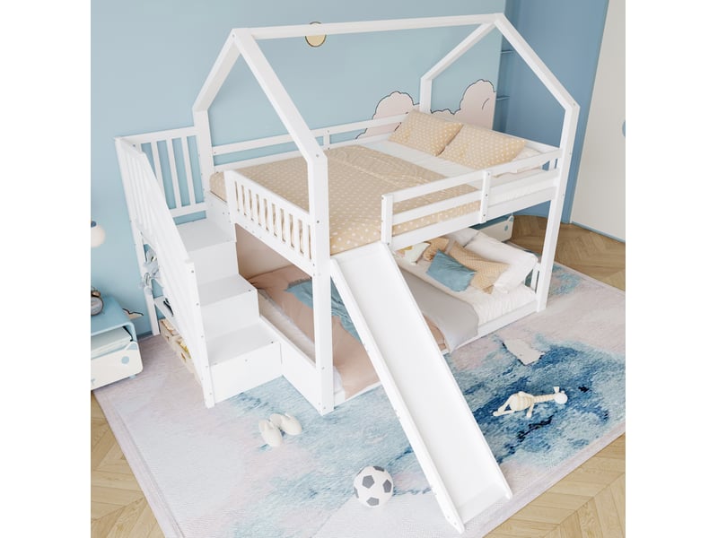  Lit superposé enfant 140x200 cm avec escalier de rangement et toboggan blanc  - Conforama E