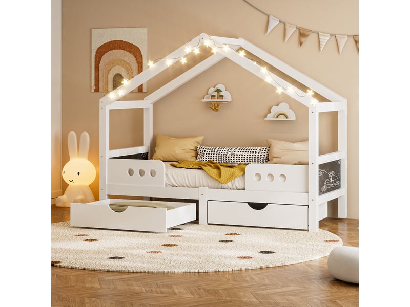  Lit cabane enfant 90 × 200 cm 1 place avec 2 tiroirs et tableau, sans matelas, en bois, blanc  - Conforama C