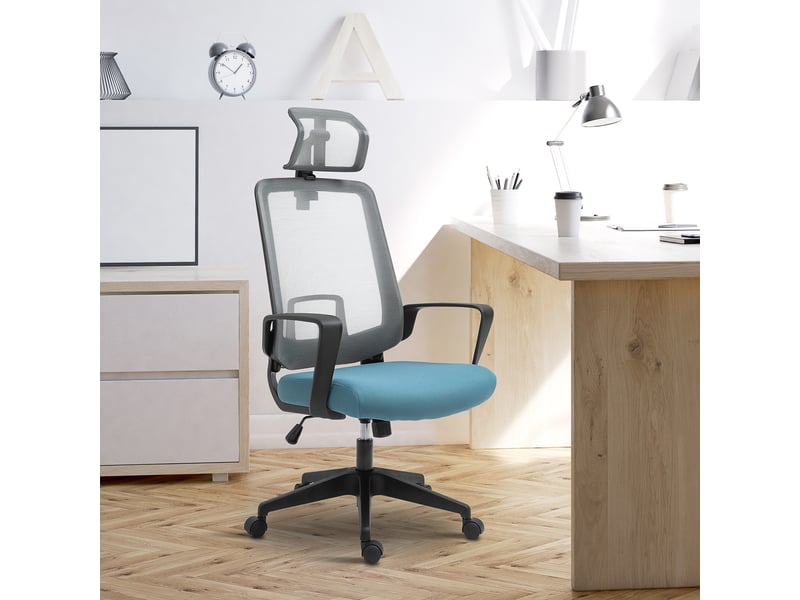  Chaise bureau ergonomique pivotante, hauteur réglable, lombaire, accoudoirs, appui-tête, maille, 63,5x63x116,5-125,5 cm, bleugris.  - Conforama B