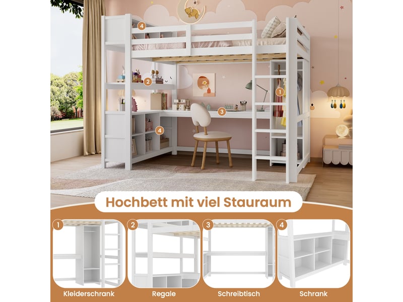  Lit mezzanine 140 x 200 cm avec bureau intégré, armoire intégrée, étagères intégrées, barrières de sécurité, pin, blanc Morn Vibe - Conforama E