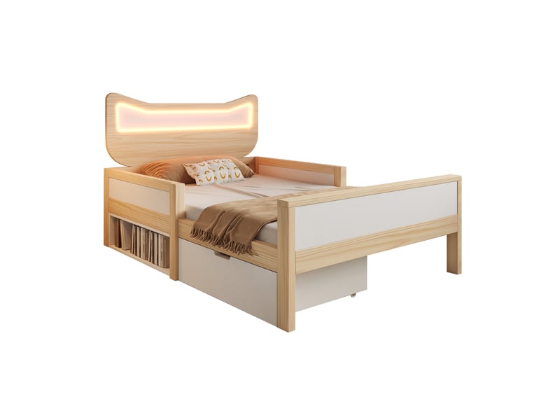  Modenvie lit enfant 90x190 cm - tete de lit chat led rgb, rangement modulable, sans matelas - blanc  - Conforama A