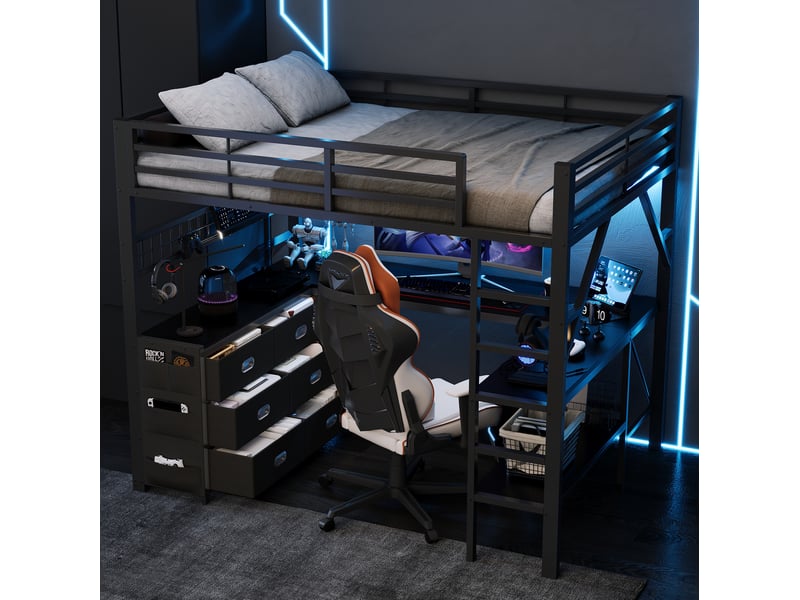 Lit mezzanine 140 × 200 cm avec bureau, rangements, étagères et éclairage led en métal noir, chambre enfant  - Conforama E