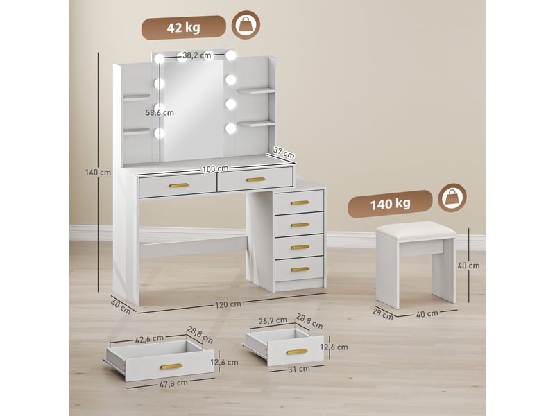  Coiffeuse avec miroir led et tabouret 6 tiroirs blanc 120 x 40 x 140 cm  - Conforama C
