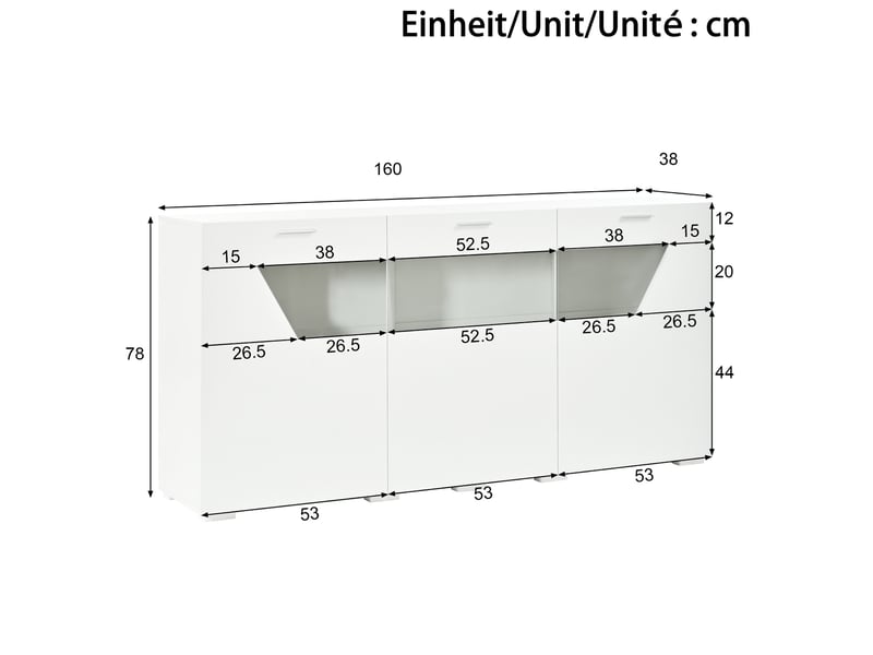 Buffet 3 portes 160x38x78 cm avec éclairage led contrôlable par application, panneau de particules, blanc brillant - Conforama C