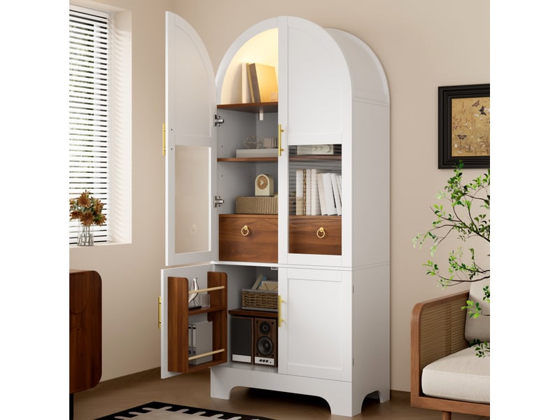 Buffet haut avec 4 portes et 1 tiroir et led 76x40x180 cm, blanc - Conforama B