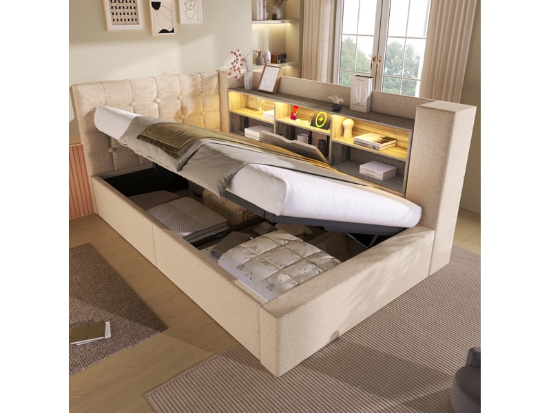  Lit 90x190 cm avec led, rangement hydraulique, tête de lit l réversible, bois, métal, beige sans matelas  - Conforama A