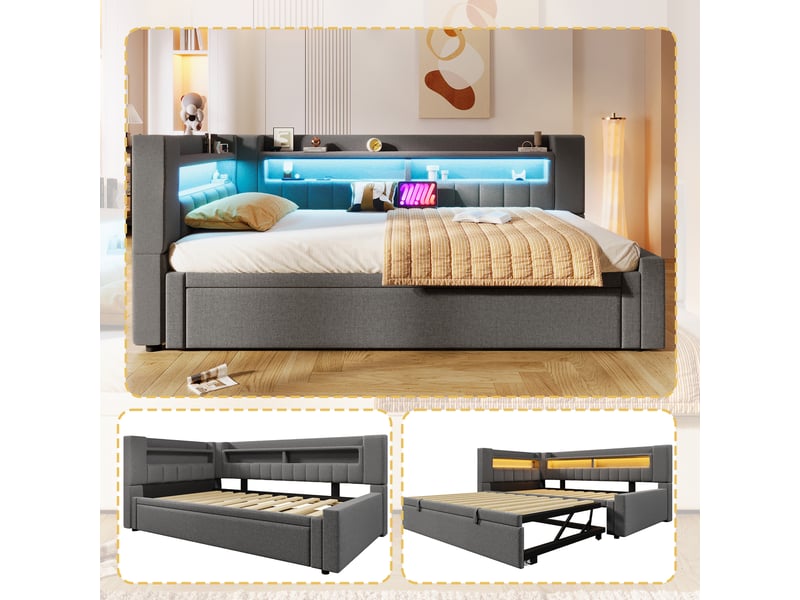 Lit gigogne convertible 90180x200 cm avec led et usb-c, tissu lin gris, structure mdf, sans matelas - Conforama E