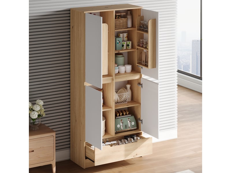  Armoire de cuisine garde-manger 80x35x180 cm - 1 tiroir - étagères réglables - rangements de portes - mdf - blanc et bois naturel  - Conforama E