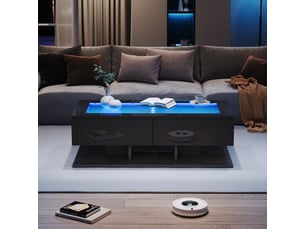Table basse led rectangulaire 100 x 50 x 35 cm avec plateau en verre trempé, 2 tiroirs, finition laquée brillante, commande par application, noir