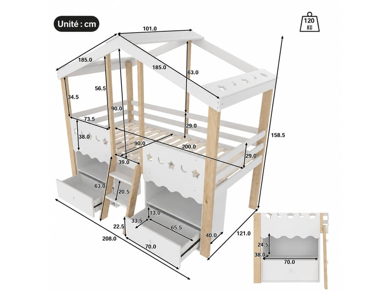  Lit mezzanine enfant en forme de cabane, 2 tiroirs et éclairage led, couchage 90 x 200 cm, blanc et bois naturel  - Conforama C