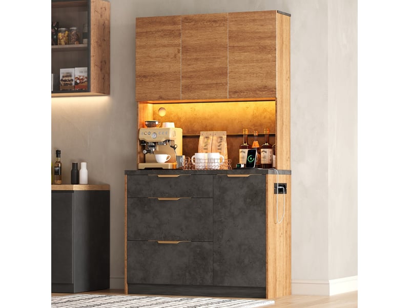  Buffet de cuisine 100x40x180 cm avec 3 tiroirs et 4 portes, éclairage led et prises en mdf couleur naturel et gris  - Conforama D