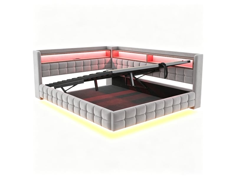  Litcanapé-lit multifonctionnel capitonné 140 × 200 cm, avec rangement hydraulique, étagère en bois, bande lumineuse led, prise électrique, ports de chargement usb et type-c, sommier à lattes, revêtement en velours gris clair  - Conforama D
