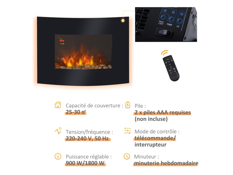  Cheminée électrique murale noire, éclairages latéraux led multicolores, 9001800 w  - Conforama W