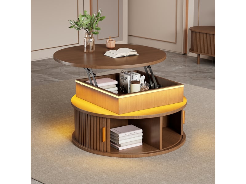 Table basse ronde relevable 75x75x52 cm avec rangement caché à 2 niveaux, table basse led contrôlée par appli avec 2 portes tambour, coloris noyer Seren Glow - Conforama E