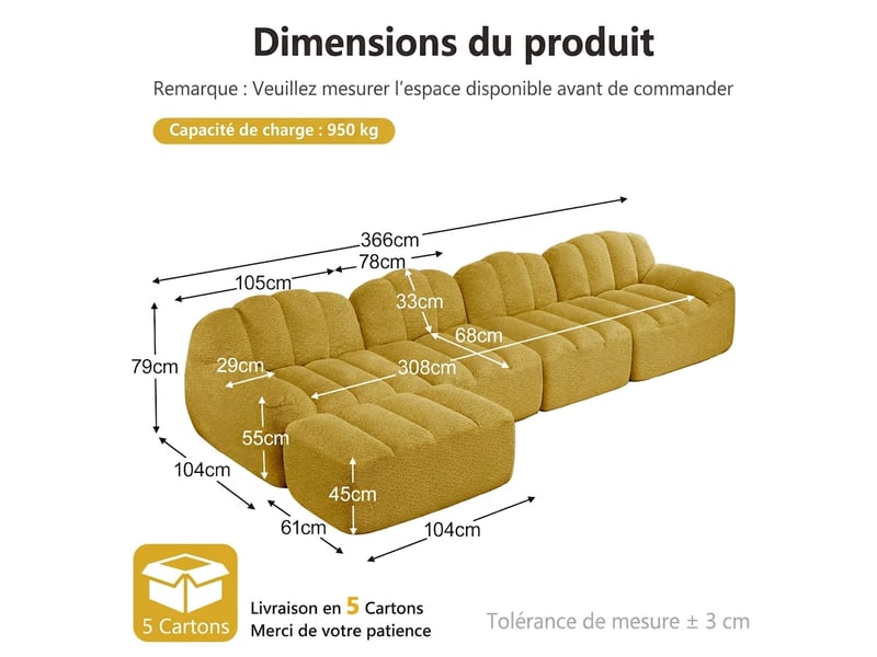 Canapé modulaire 4 places avec ottomane assise profonde 366 cm sans montage - Conforama C