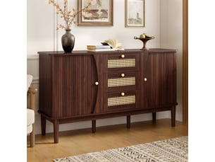 Buffet bas à portes coulissantes avec façades en cannage, meuble de rangement, naturel, 141 x 40 x 77 cm, mdf