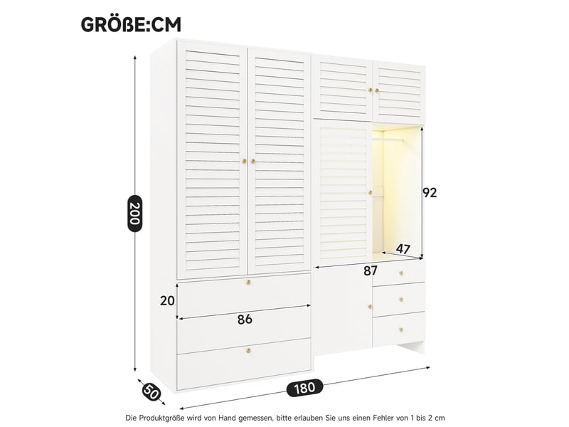  Armoire à portes battantes blanche 180 x 50 x 200 cm avec 6 tiroirs, panier à linge et éclairage led  - Conforama E