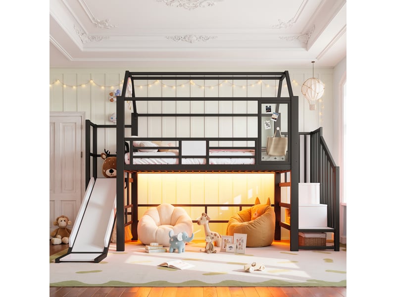 Lit mezzanine 90x200 cm, structure en métal et bois, coloris noir, rangements intégrés, led via bluetooth, escalier sécurisé, garde-corps, toboggan - Conforama E