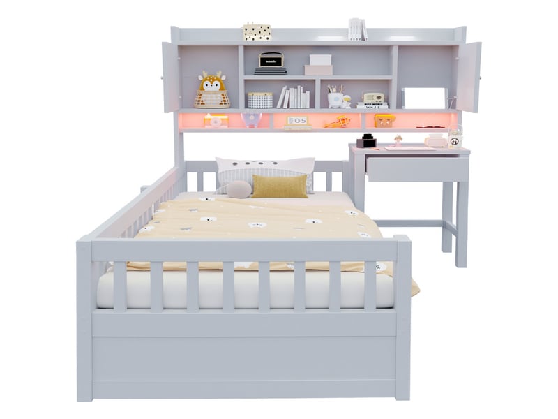  Lit multifonction en bois pour enfant 90 x 200 cm – avec étagères - bureau+1 tiroir - éclairage led +prise électrique – gris (matelas non inclus)  - Conforama A