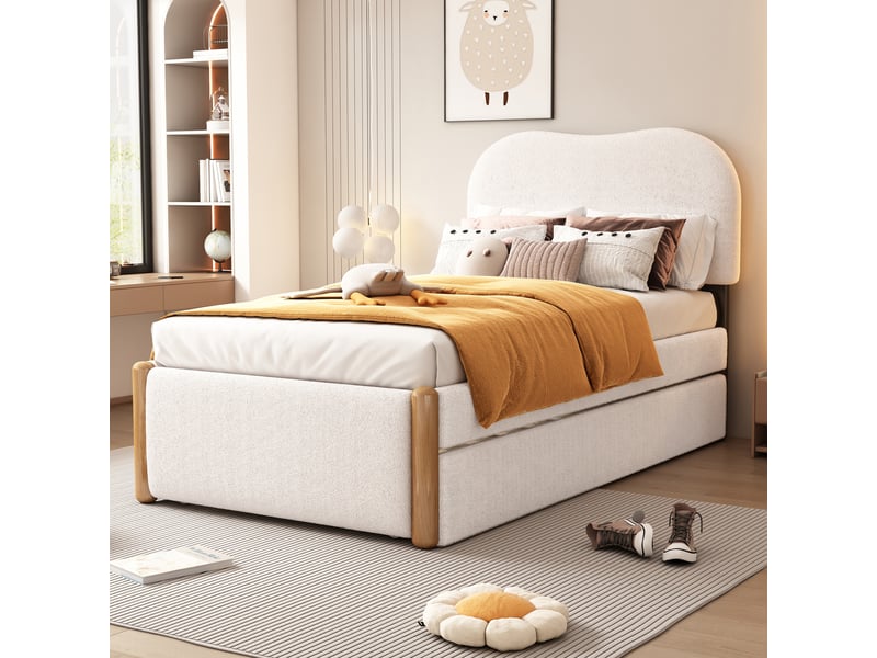  Lit gigogne pour enfant 90x200 cm avec tête de lit, sommiers, style épuré , peluche blanche, sans matelas  - Conforama W