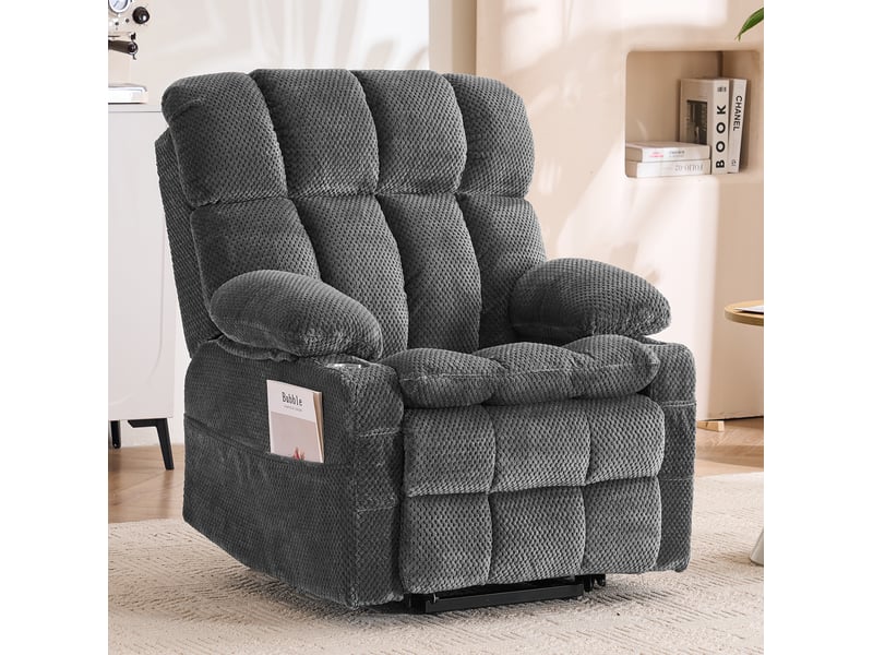  Fauteuil massant électrique avec double moteur, aide au relevage, chauffage et porte-gobelet, en tissu gris  - Conforama B